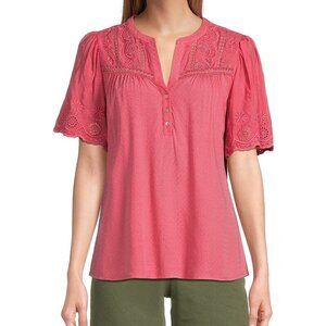 Nuture By Westbound Coral Boho Eyelet Short Sleeve Top - Size S - Summer Casual